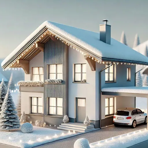 Weihnachten 2025 - Schnee und modernes Haus mit Festtagsbeleuchtung